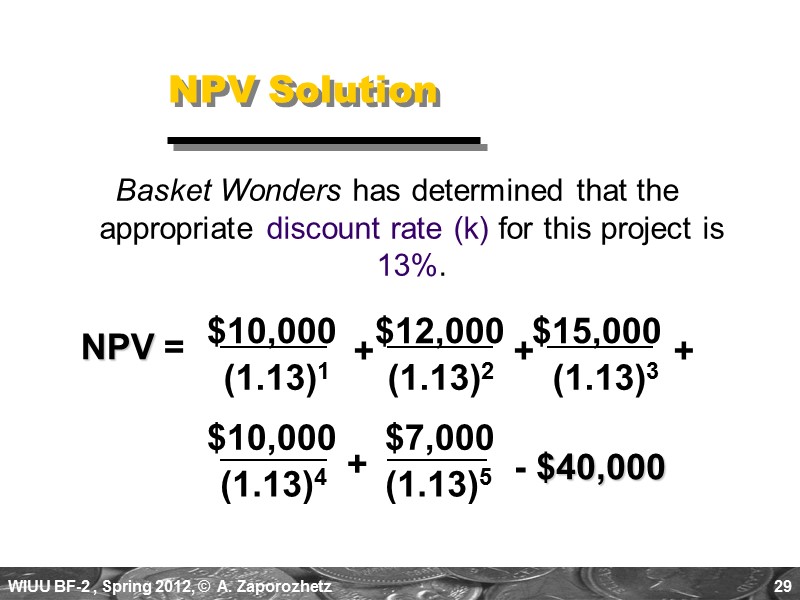 29 Basket Wonders has determined that the appropriate discount rate (k) for this project